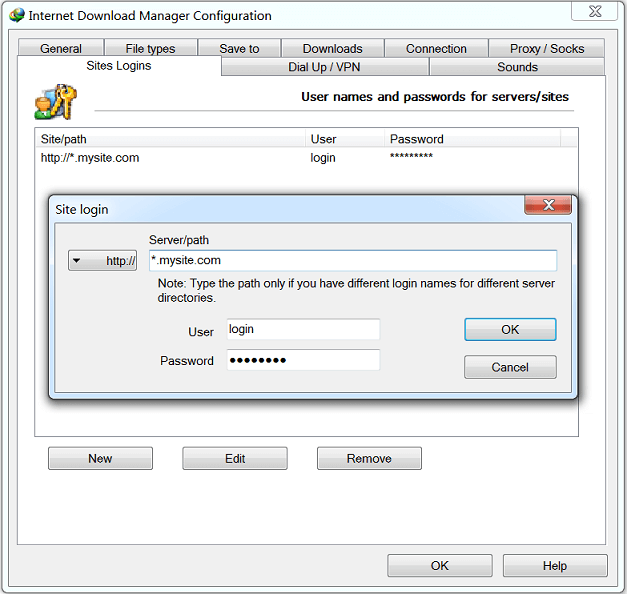 Add your login information for some site in IDM settings